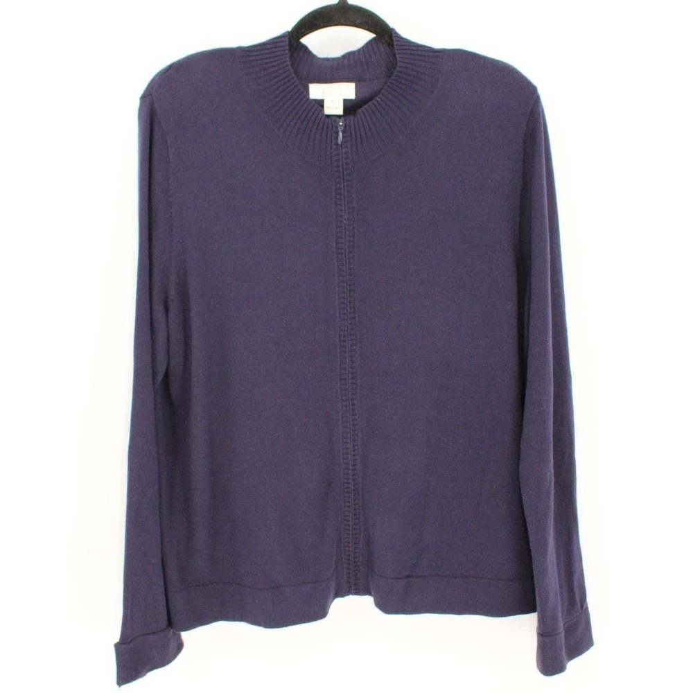 Vintage 80s Christopher Banks XL Navy Full Zip Cotton Blend Mock Neck Cardigan